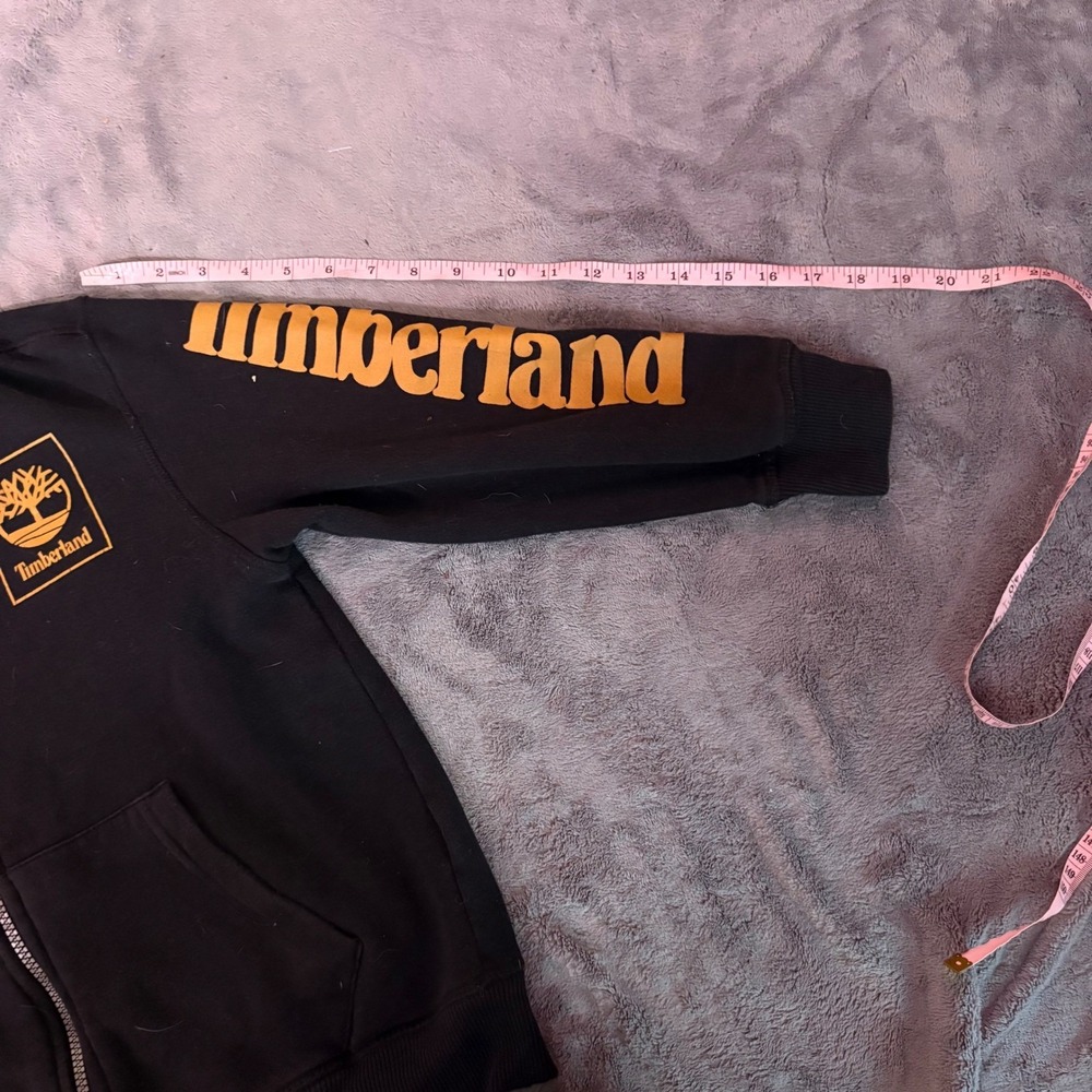 Timberland Black Zip Up Hoodie Logo Sleeve Graphic Fleece Lined Kids M 10 12 - Picture 10 of 14